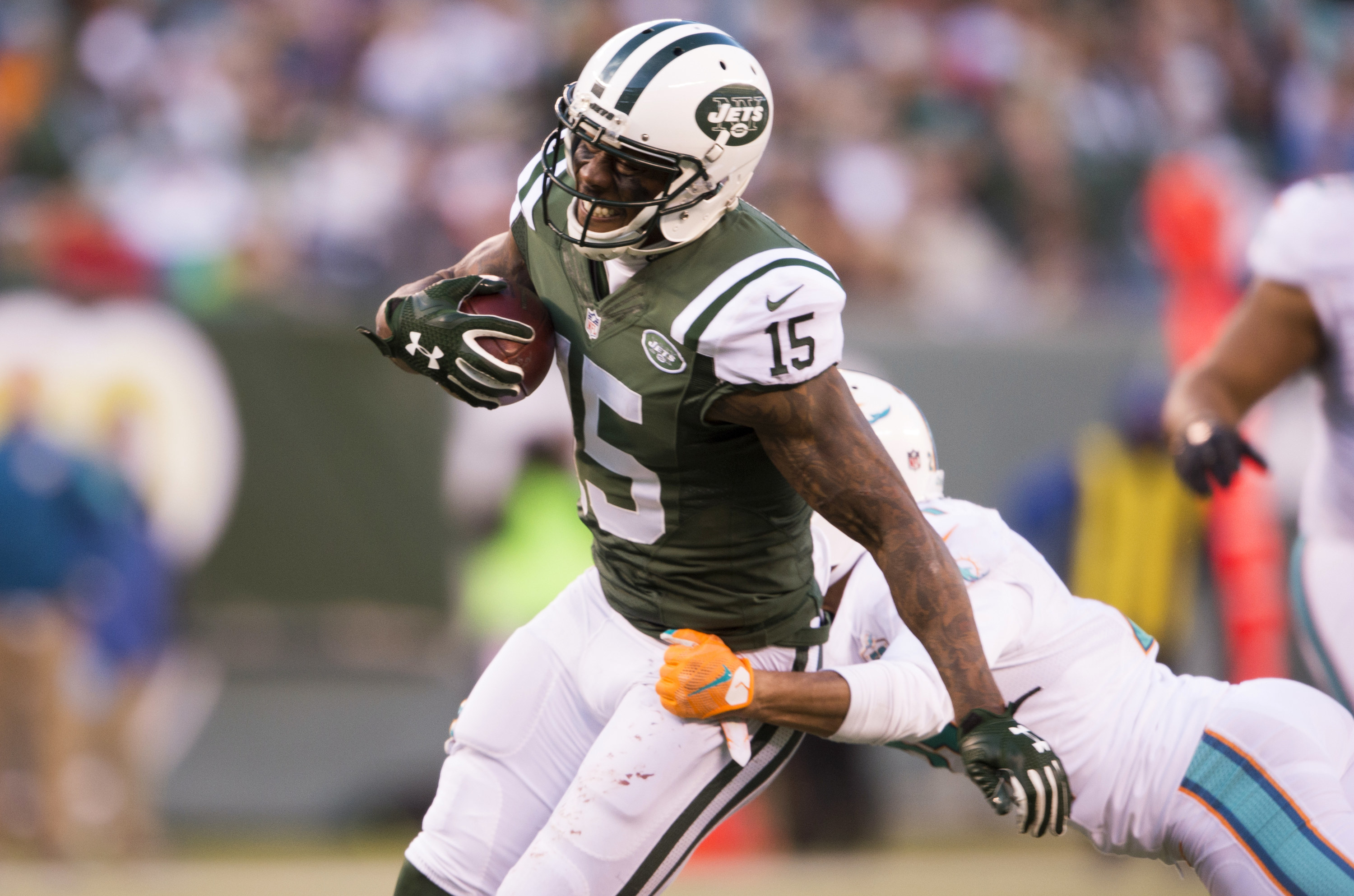 Brandon Marshall #15 of the New York Jets during a regular-season game against the Miami Dolphins at Metlife Stadium on November 29, 2015