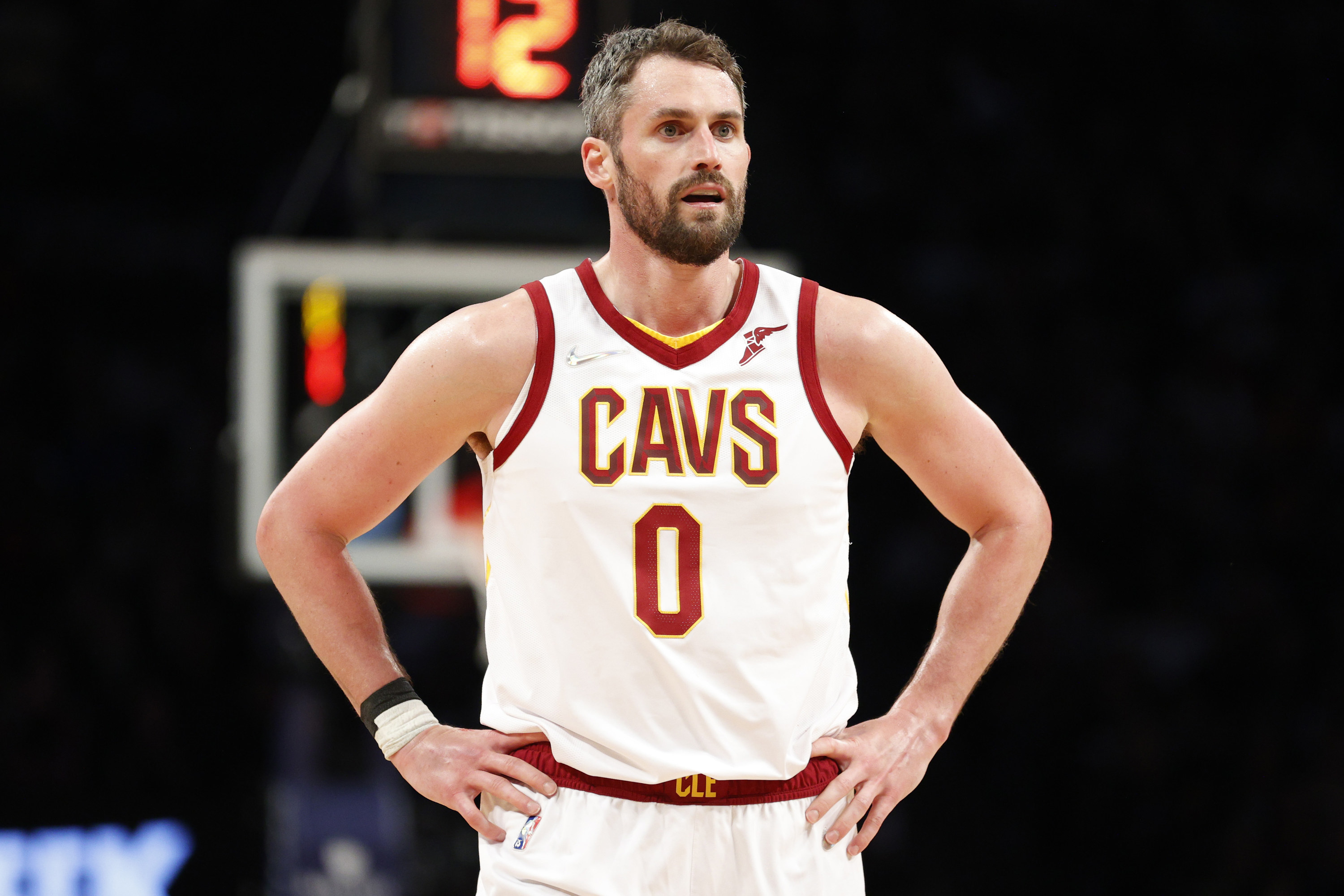 Kevin Love #0 of the Cleveland Cavaliers looks on during the second half against the Brooklyn Nets at Barclays Center