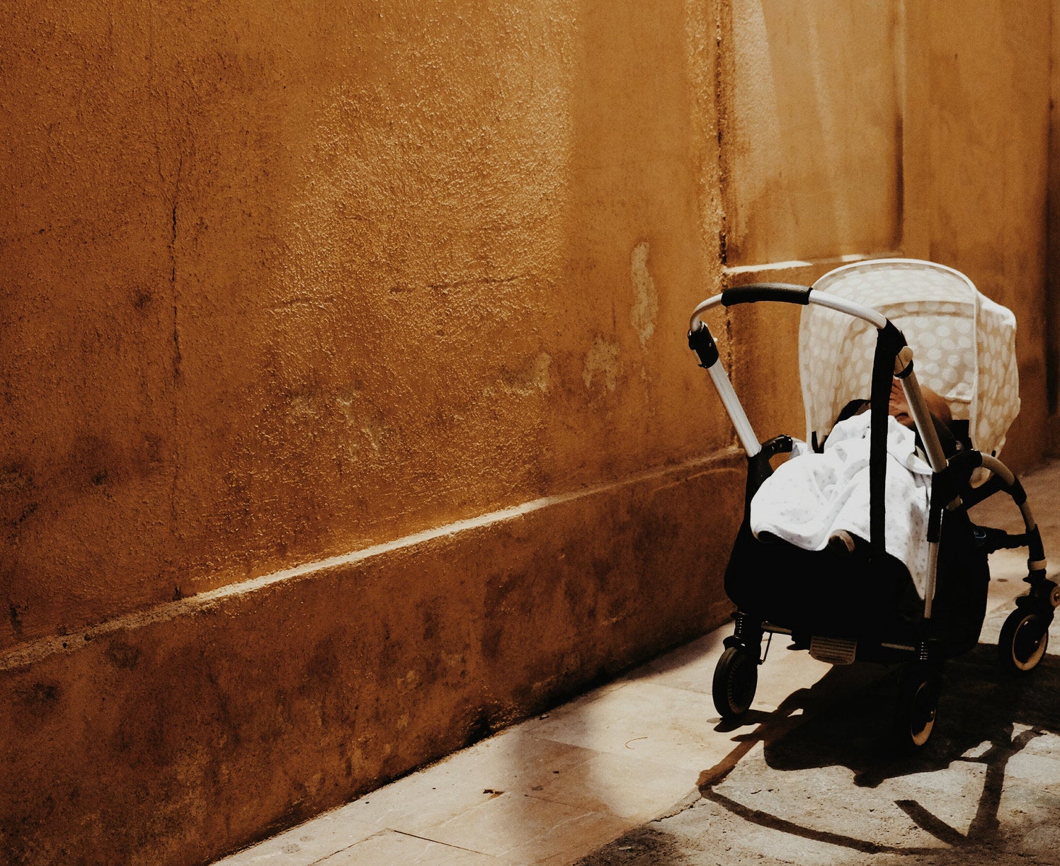 一个婴儿在一条小巷一个推车