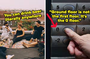 People drinking beer in Berlin, and someone pressing "0 floor" elevator button