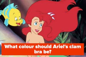 Ariel and Flounder, under the sea with her red hair floating behind her, captioned "What colour should Ariel's clam bra be?"