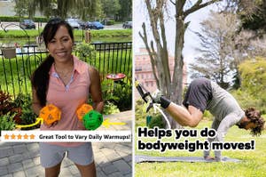 on left, reviewer holds two orange dice and one green dice with exercise moves and stretches on each side. on right, model completes pike move with TRX Suspension System outdoors