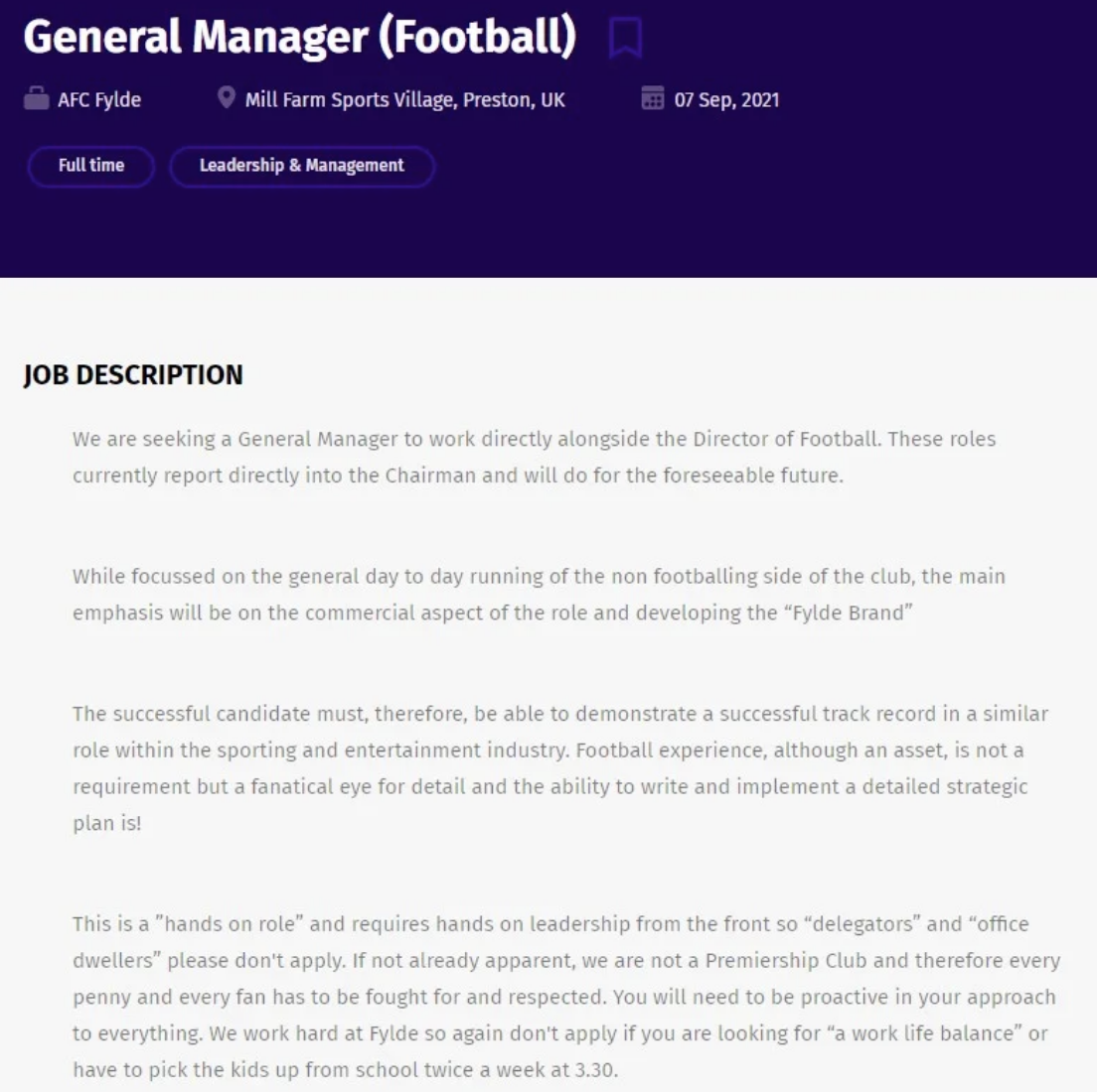 football general manager job description saying the role is mostly focused on developing the team&#x27;s brand and that you need to work hard and can&#x27;t be looking for good work/life balance