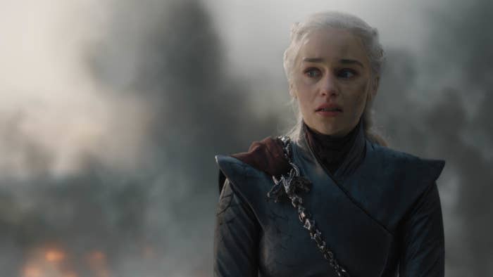 Emilia Clarke looks startled in a scene from Game of Thrones