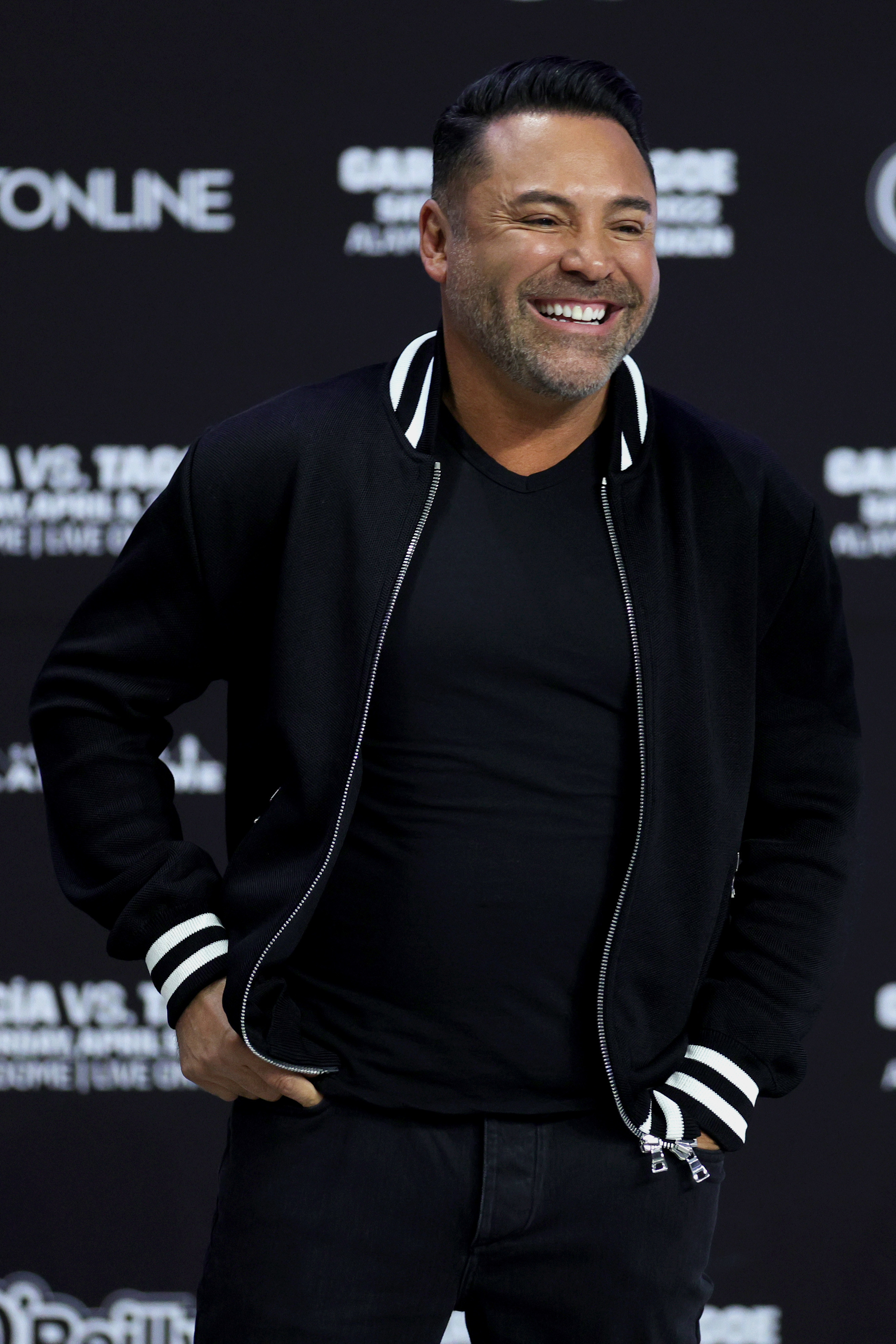 Oscar De La Hoya is seen onstage during official his weigh-in&#x27;s at the Alamodome on April 08, 2022