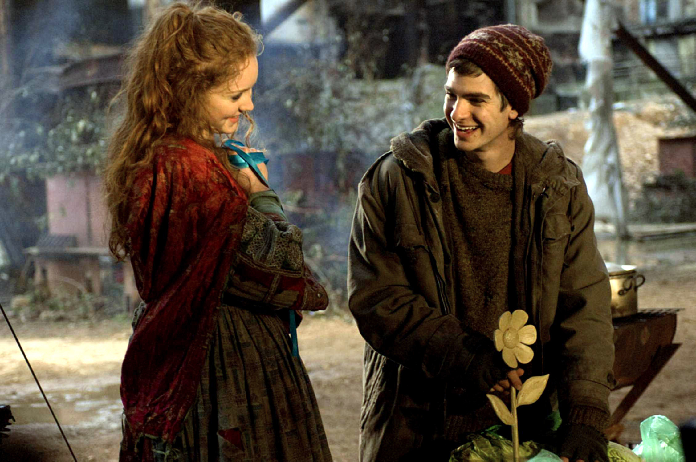 Lily Cole and Andrew Garfield laugh together