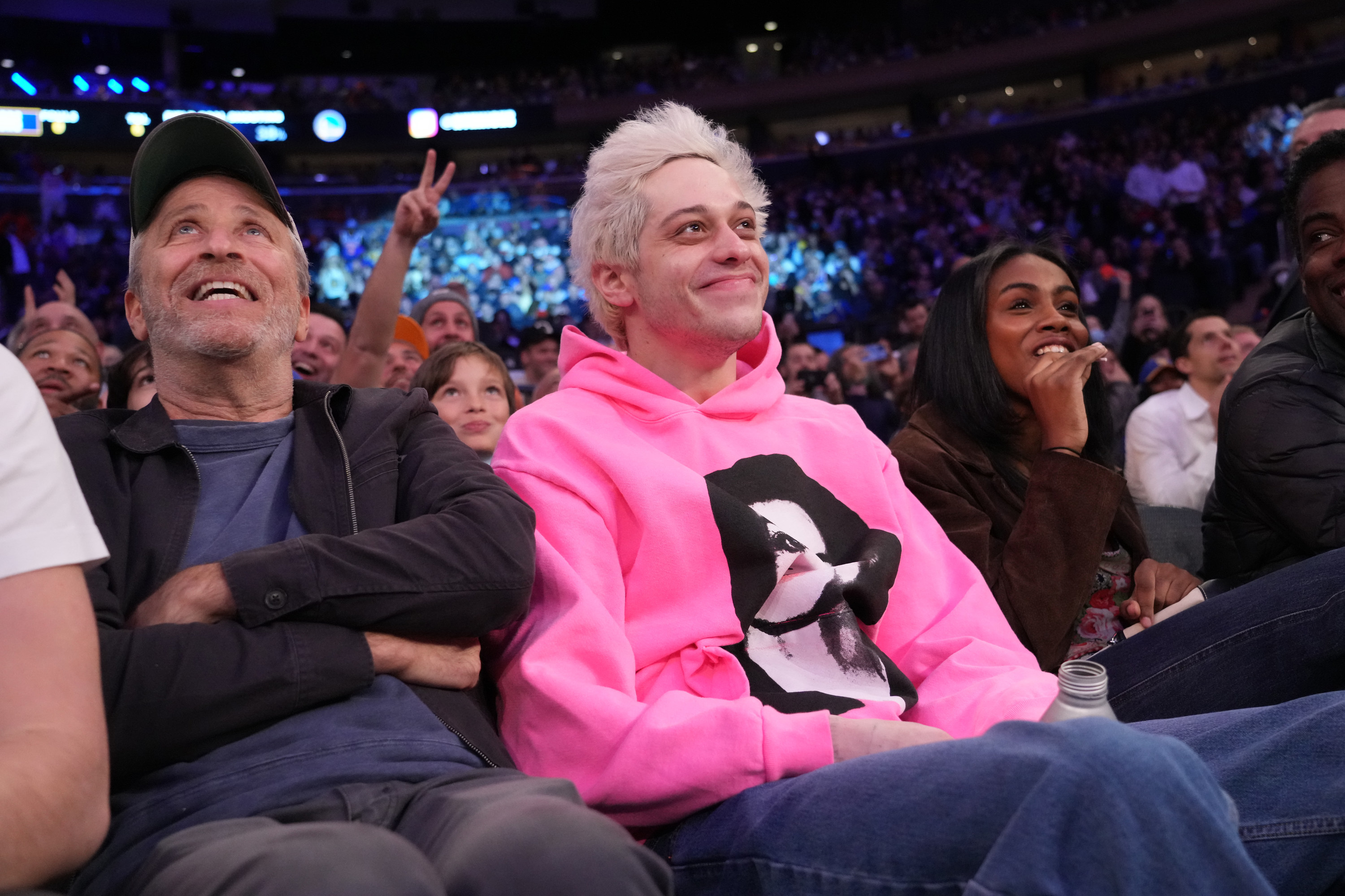 Jon Stewart and Pete Davidson attend a game between the Golden State Warriors and the New York Knicks