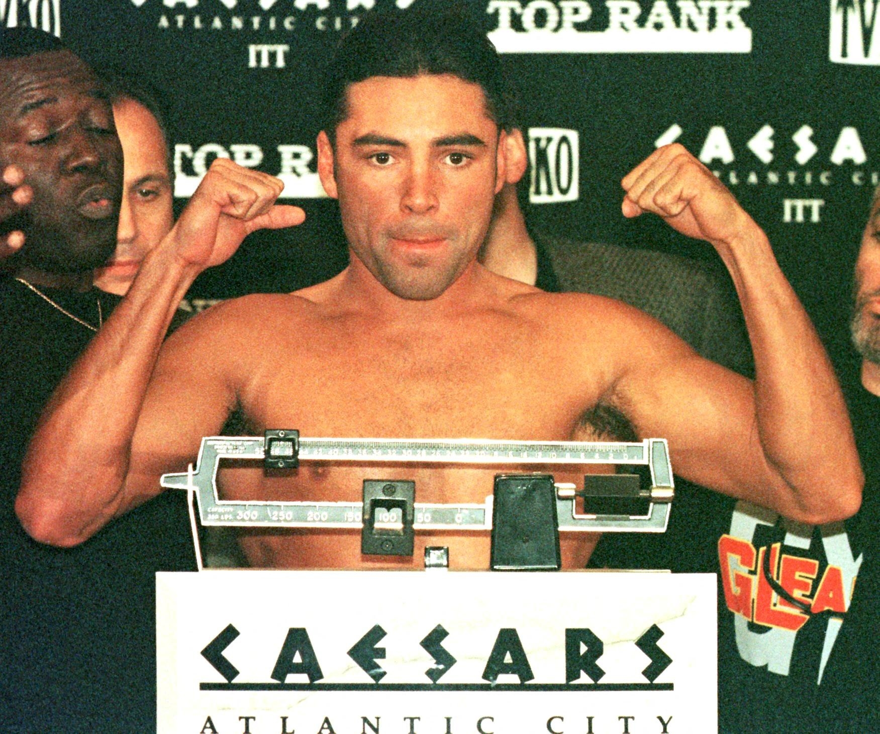 Oscar De La Hoya of the US, WBC Welterweight Champion, weighs in at Caesars Casino in Atlantic City