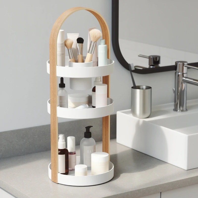 The cosmetic organizer on a bathroom counter