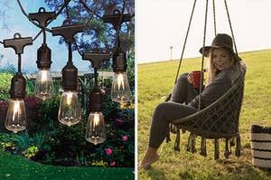 on the left a set of string lights wiht edison bulbs, on the right a model in a macrame hanging chair