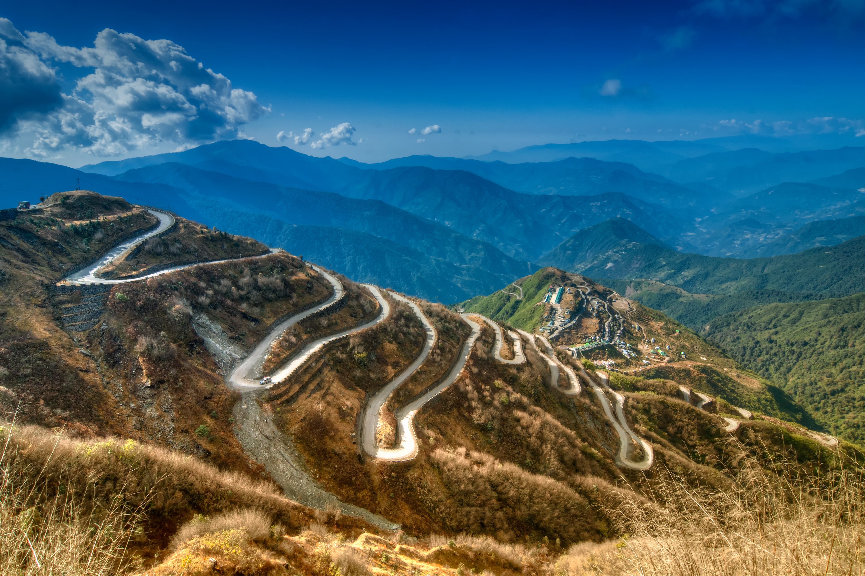 Curvy roads on a road in Sikkim, India.