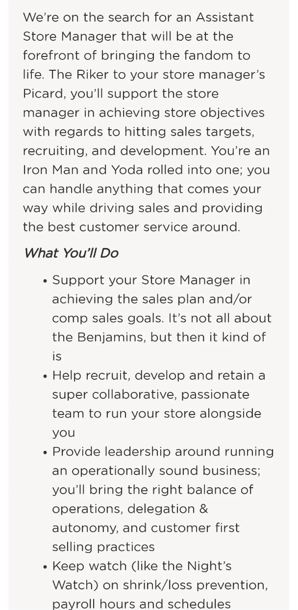assistant store manager job posting saying you must be &quot;the riker to your store manager&#x27;s picard&quot; and be &quot;iron man and yoda&quot; rolled into one