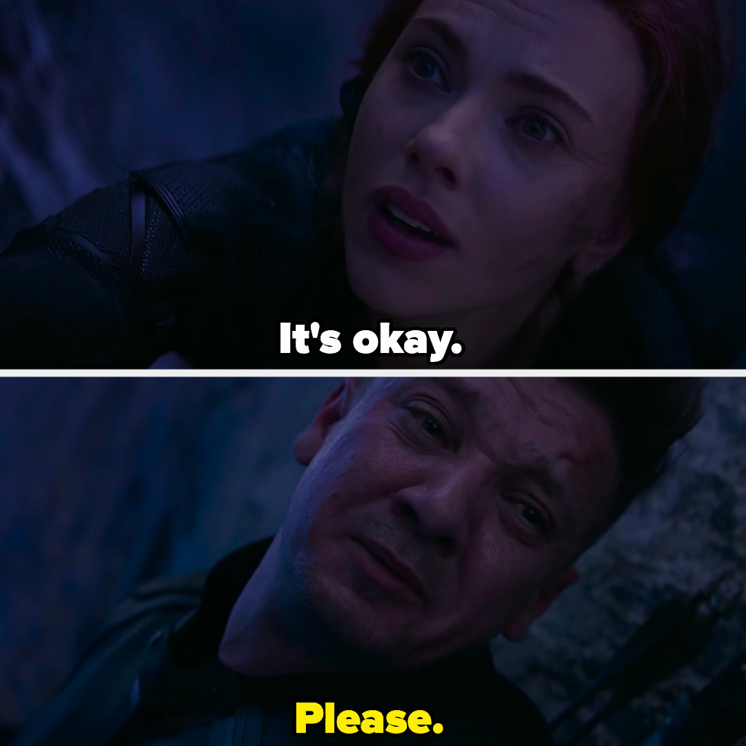 Black Widow telling Hawkeye, &quot;It&#x27;s okay&quot; before sacrificing herself.
