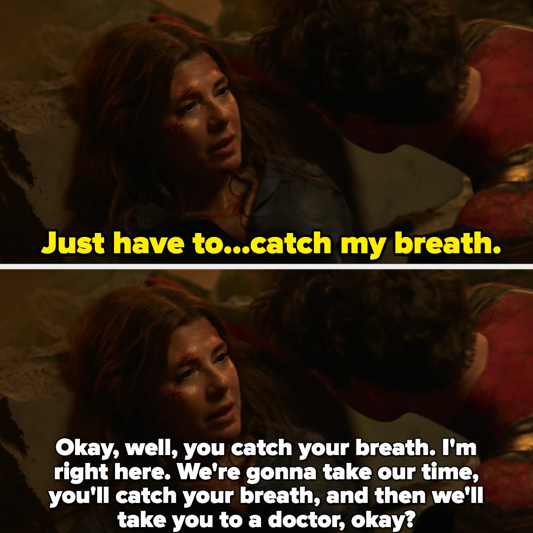 Peter telling Aunt May, &quot;Okay, well, you catch your breath. I&#x27;m right here. We&#x27;re gonna take our time, you&#x27;ll catch your breath, and then we&#x27;ll take you to the doctor, okay?&quot;