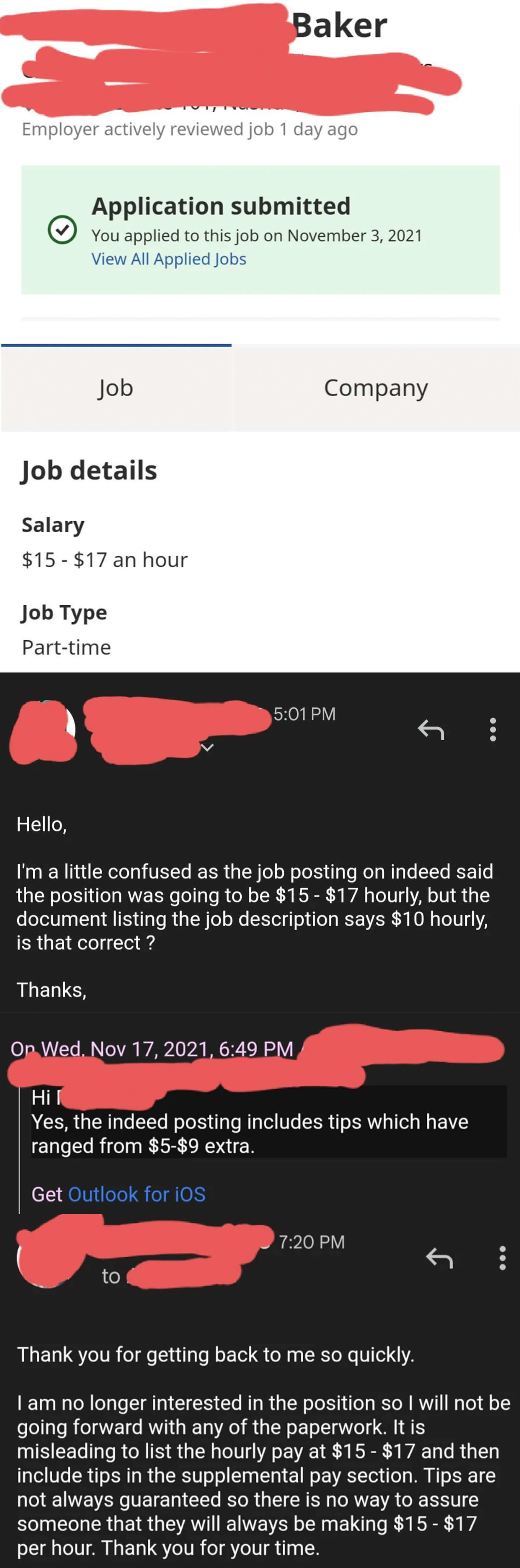 job posting advertises $15-17 an hour then messages clarify it&#x27;s actually $10, but you can expect tips. the person replies saying tips aren&#x27;t guaranteed and they&#x27;re no longer interested