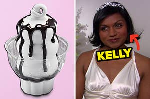 On the left, a hot fudge sundae from Dairy Queen, and on the right, Kelly from The Office