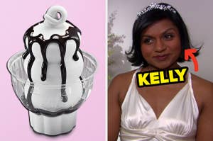 On the left, a hot fudge sundae from Dairy Queen, and on the right, Kelly from The Office