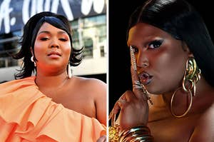 Lizzo is on the left and right in a music video 