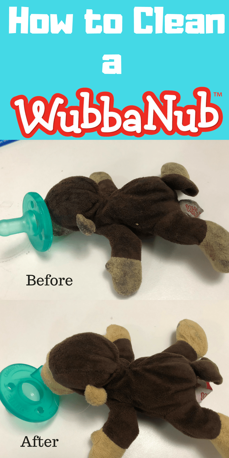 blogger&#x27;s before and after photo of the money plush and pacifier dirty and then clean