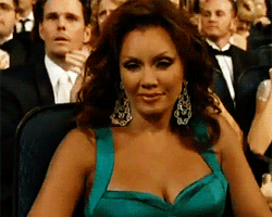 Vanessa Williams sitting in the audience of an awards show and shaking her head no