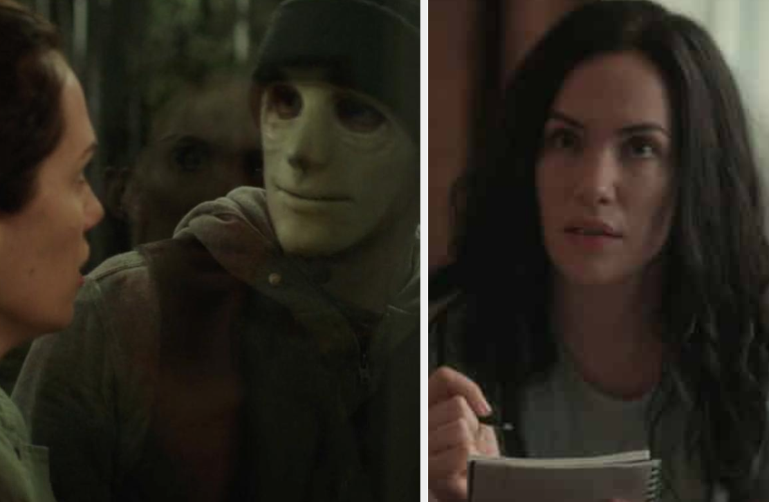 A masked man stands in the window of a sliding door and a close up of Kate Siegel as she holds a notepad