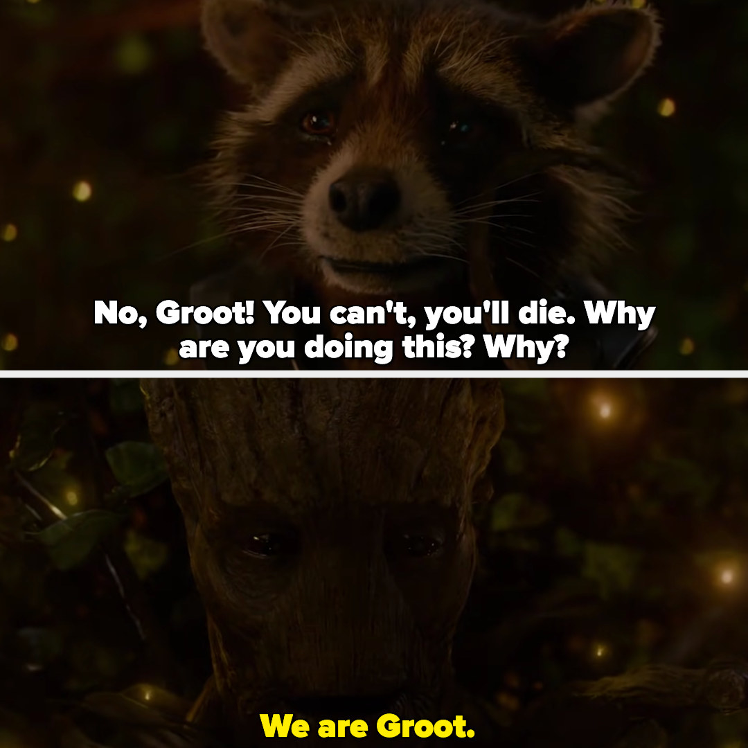 Groot telling Rocket, &quot;We are Groot,&quot; as he prepares to sacrifice himself.