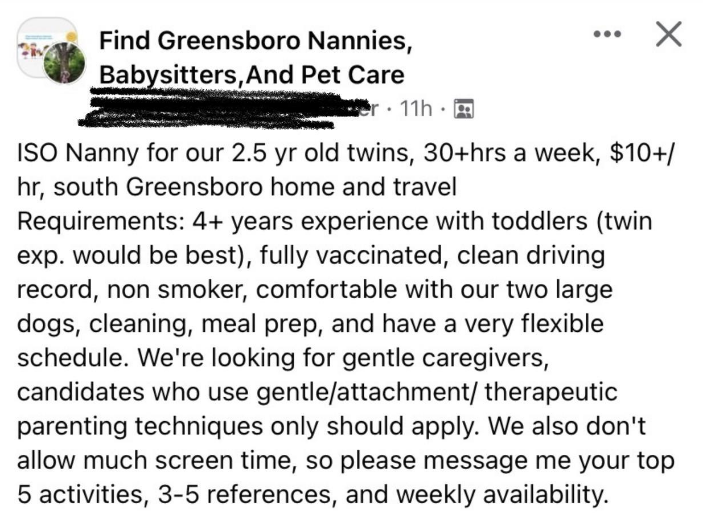 nanny request for someone gentle who uses &quot;gentle/attachment/therapeutic&quot; parenting techniques. says kids aren&#x27;t allowed much screentime and the candidate should email their favorite 5 activities to do with kids