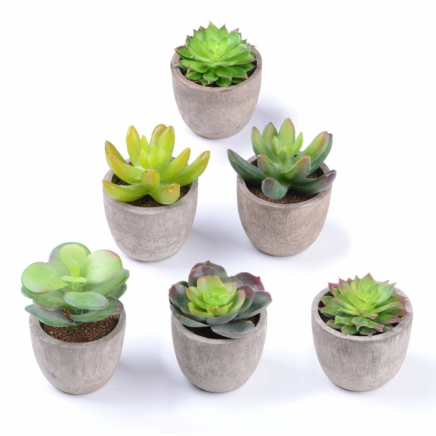 An image of six faux succulent plants in gray pots
