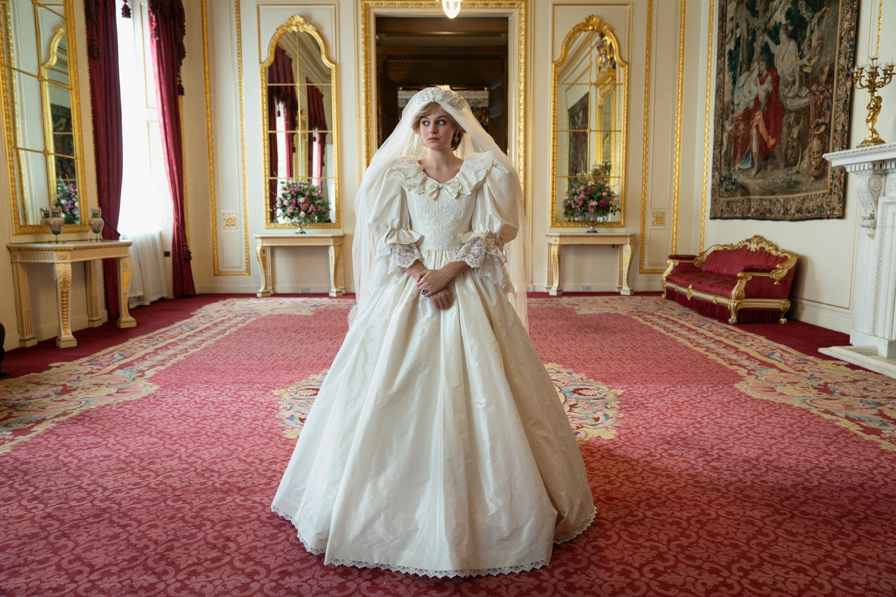 Emma Corrin as Princess Diana of Whales as she wears Diana&#x27;s wedding dress