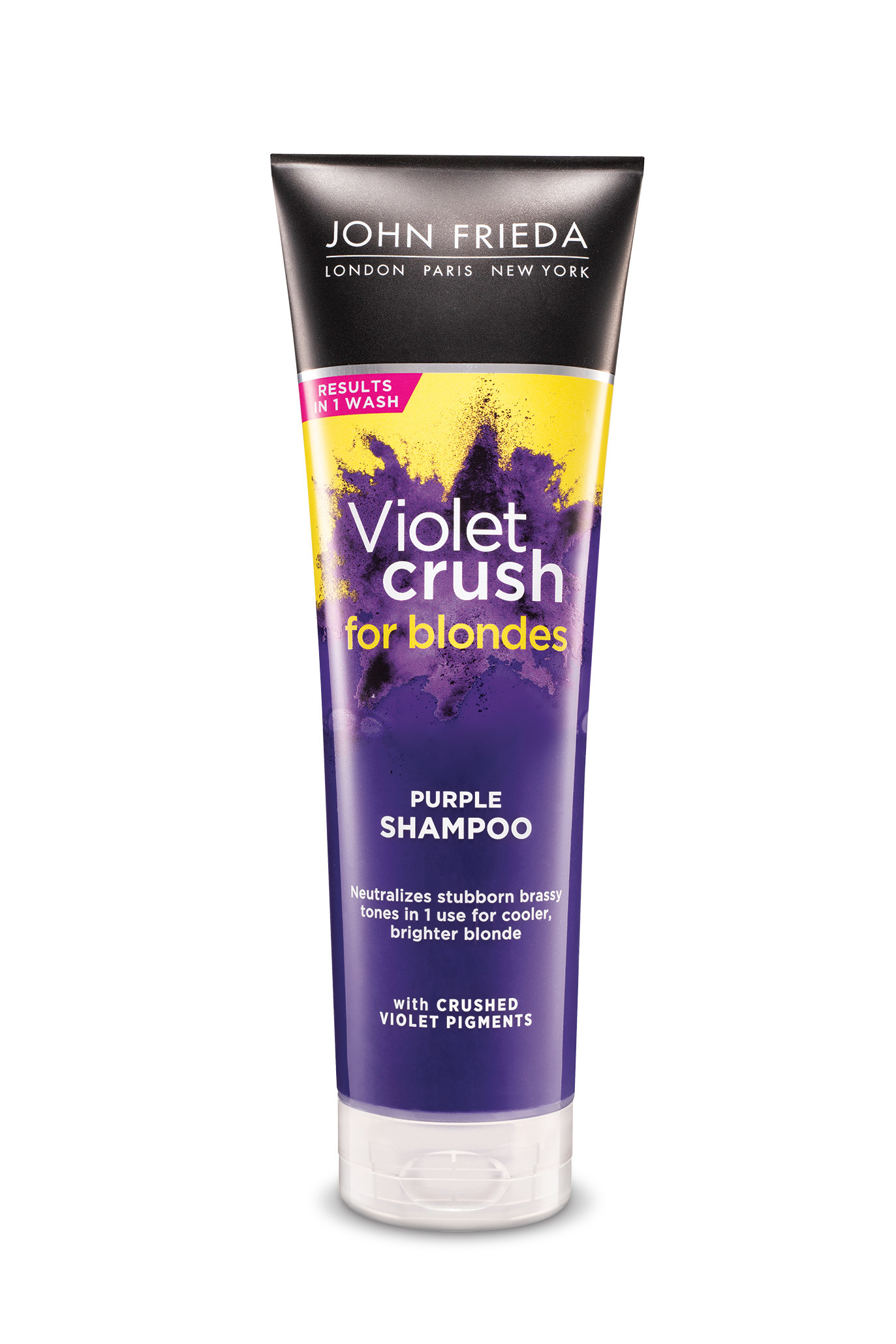 A bottle of the Violet Crush shampoo