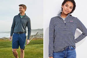 On the left is a man wearing a quarter-zip and shorts on a golf course and on the right is a woman wearing a striped quarter-zip with jeans