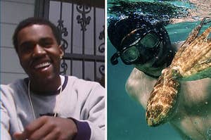 on the left, a young kanye west smiling, showing all his teeth; on the right, a man swims in the ocean wearing goggles as an octopus swims past him