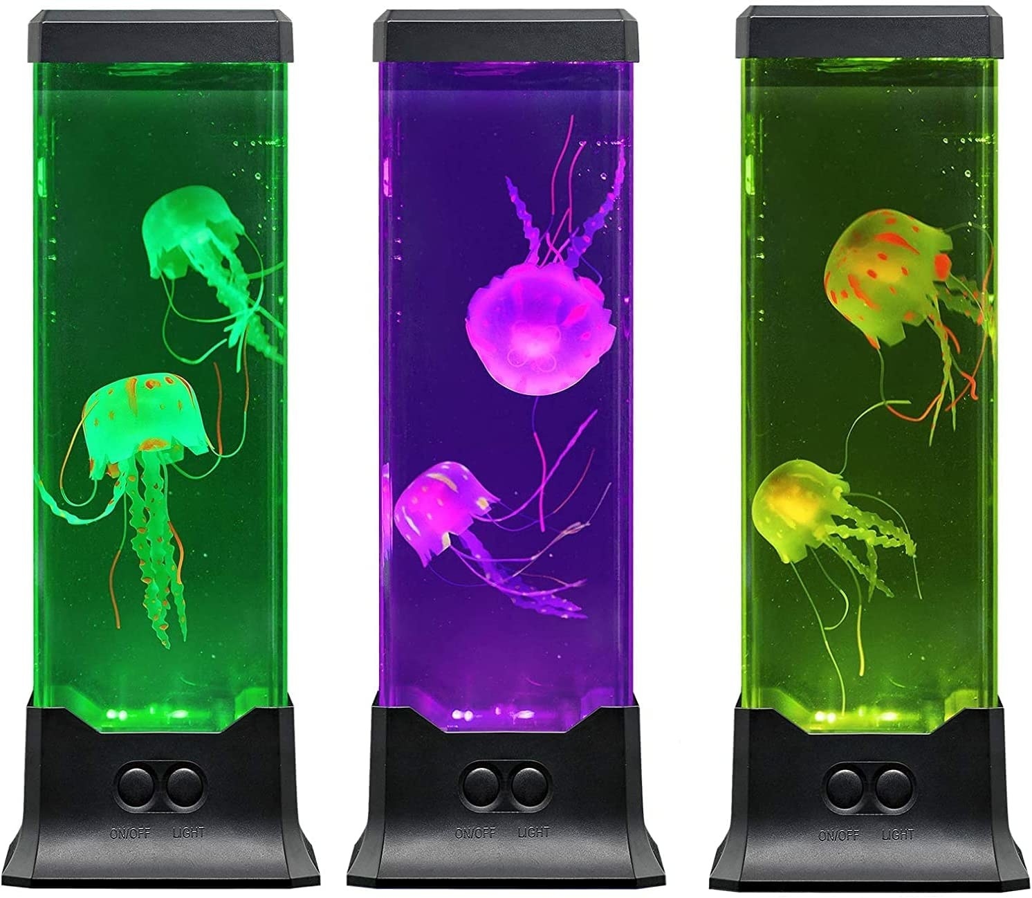 Three jellyfish lights displayed in different colours