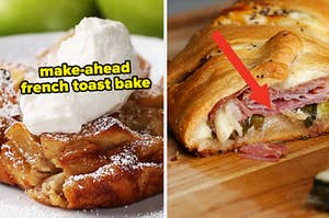 Make-ahead french toast bake, and an arrow pointing to a ham and cheese ring
