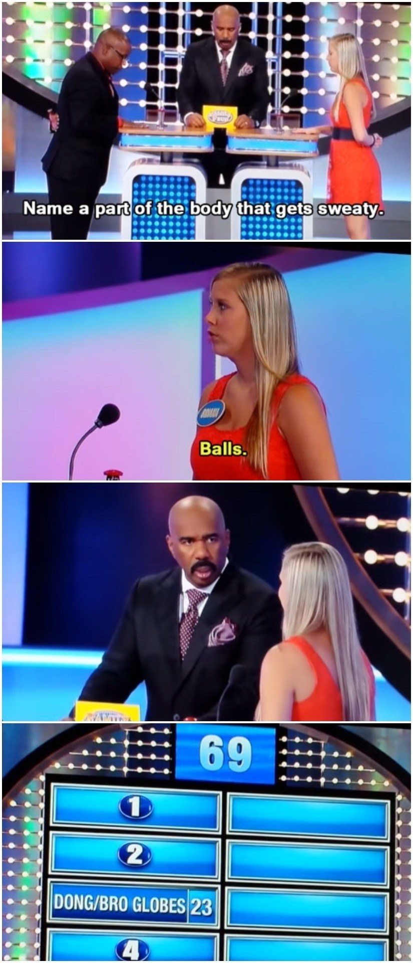 asked to name a body part that gets sweaty, someone answers, "balls"