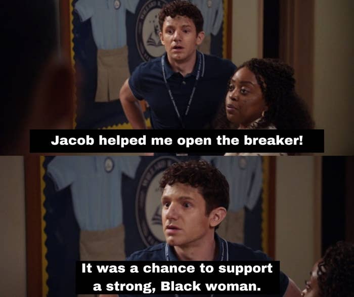 Janine and Jacob pant. Janine says, "Jacob helped me open the breaker!" to which Jacob says, "It was a chance to support a strong, Black woman"