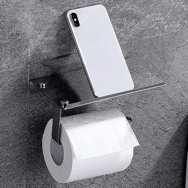 The stainless steel holder mounted to wall with smartphone supported on the built-in shelf above the tp roll