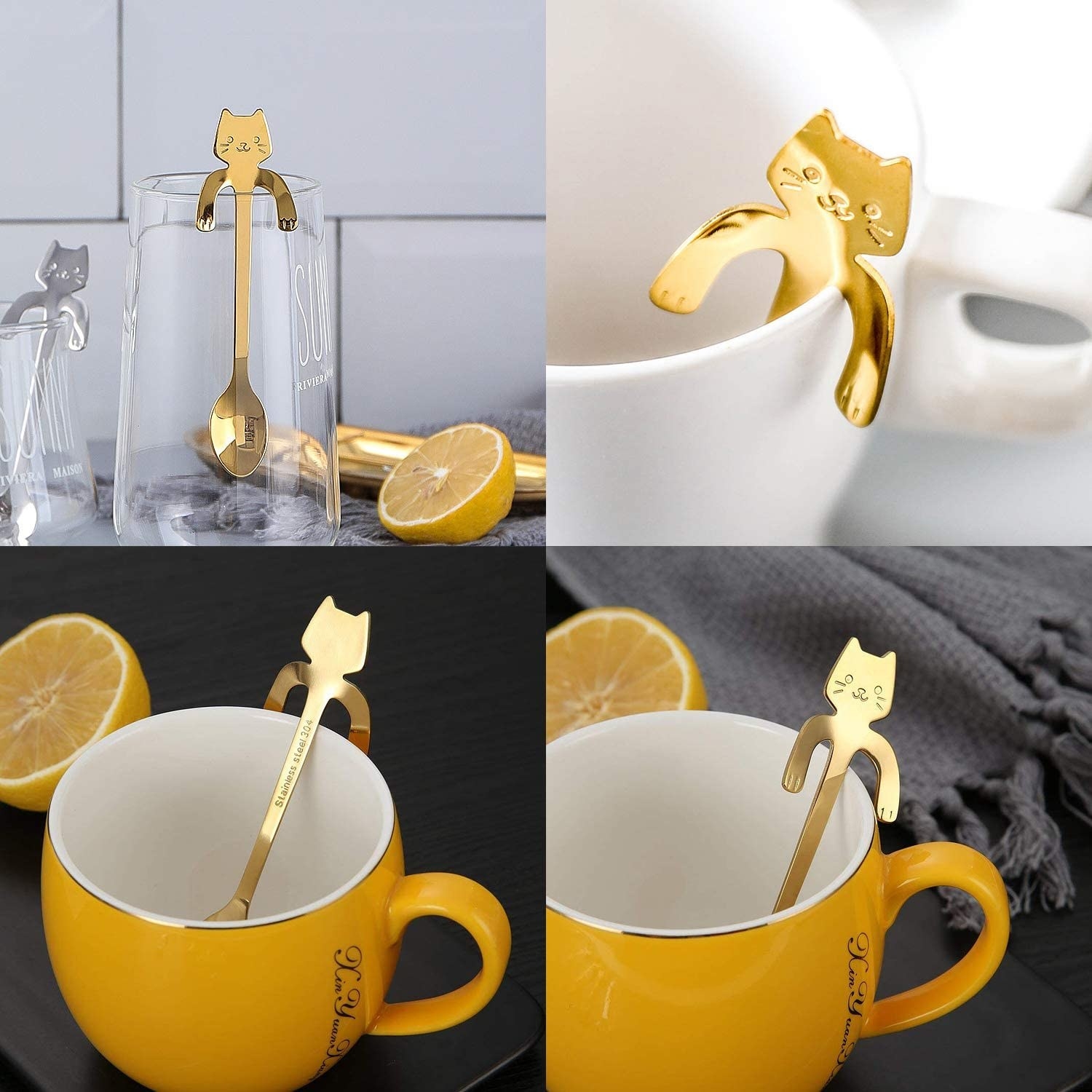a gold cat spoon hanging onto the side of various cups and mugs