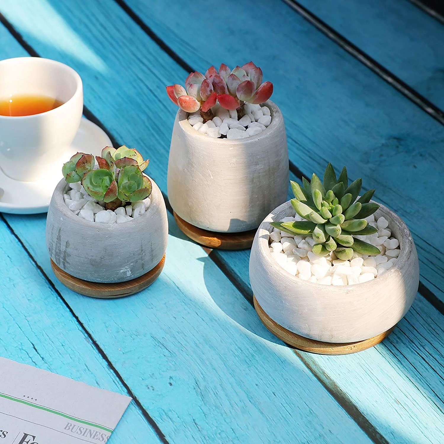 The potted faux plants on an outdoor table