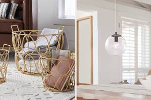 Some rattan storage baskets on the left and a glass globe pendant light on the right