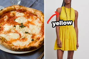 On the left, a cheese pizza, and on the right, someone wearing a dress with an arrow pointing to it and yellow typed next to it