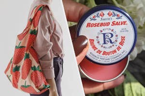 A person carrying a reusable shopping bag over their shoulder, a person's hand holding a tin of rosebud salve