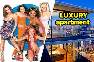 The Spice Girls are on the left with a view of an apartment on the right labeled, LUXURY apartment"