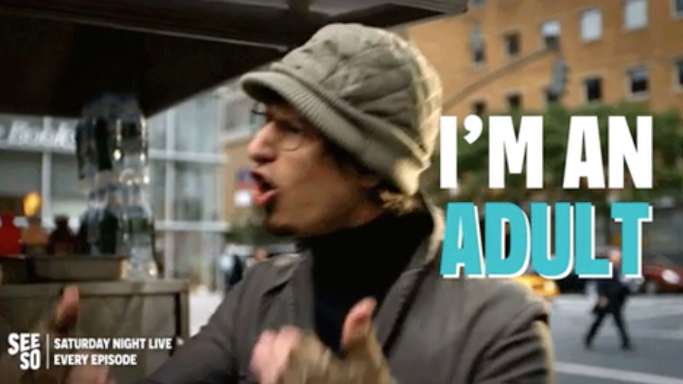 Andy Samberg yelling, &quot;I&#x27;m an adult&quot;