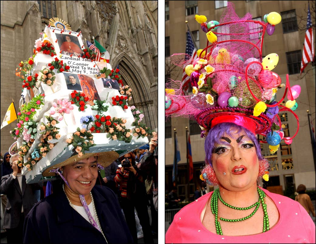 Two people with extravagant, tall Easter hats, one honoring a former cardinal, the other wearing a bright hat adorned with yellow chicks and plastic eggs