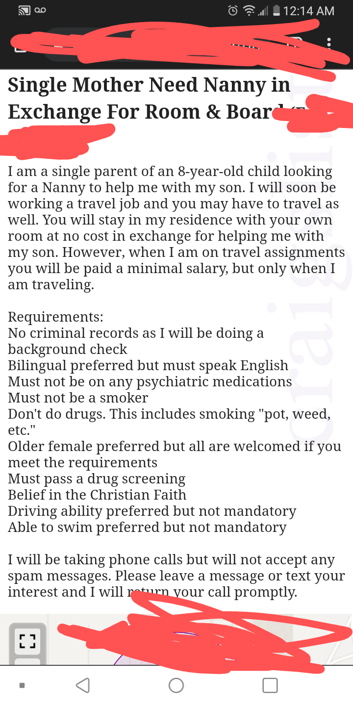 nanny listing in exchange for room and board saying you need to be christian, not smoke or smoke weed, bilingual, and can&#x27;t be on psychiatric medications