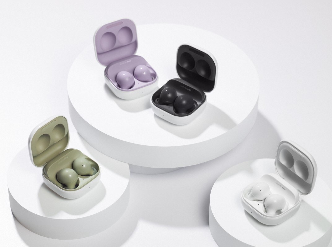 the samsung galaxy buds in olive green black white and lavender