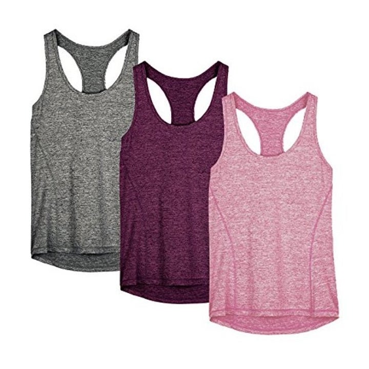 gray, purple, and pink workout tanks