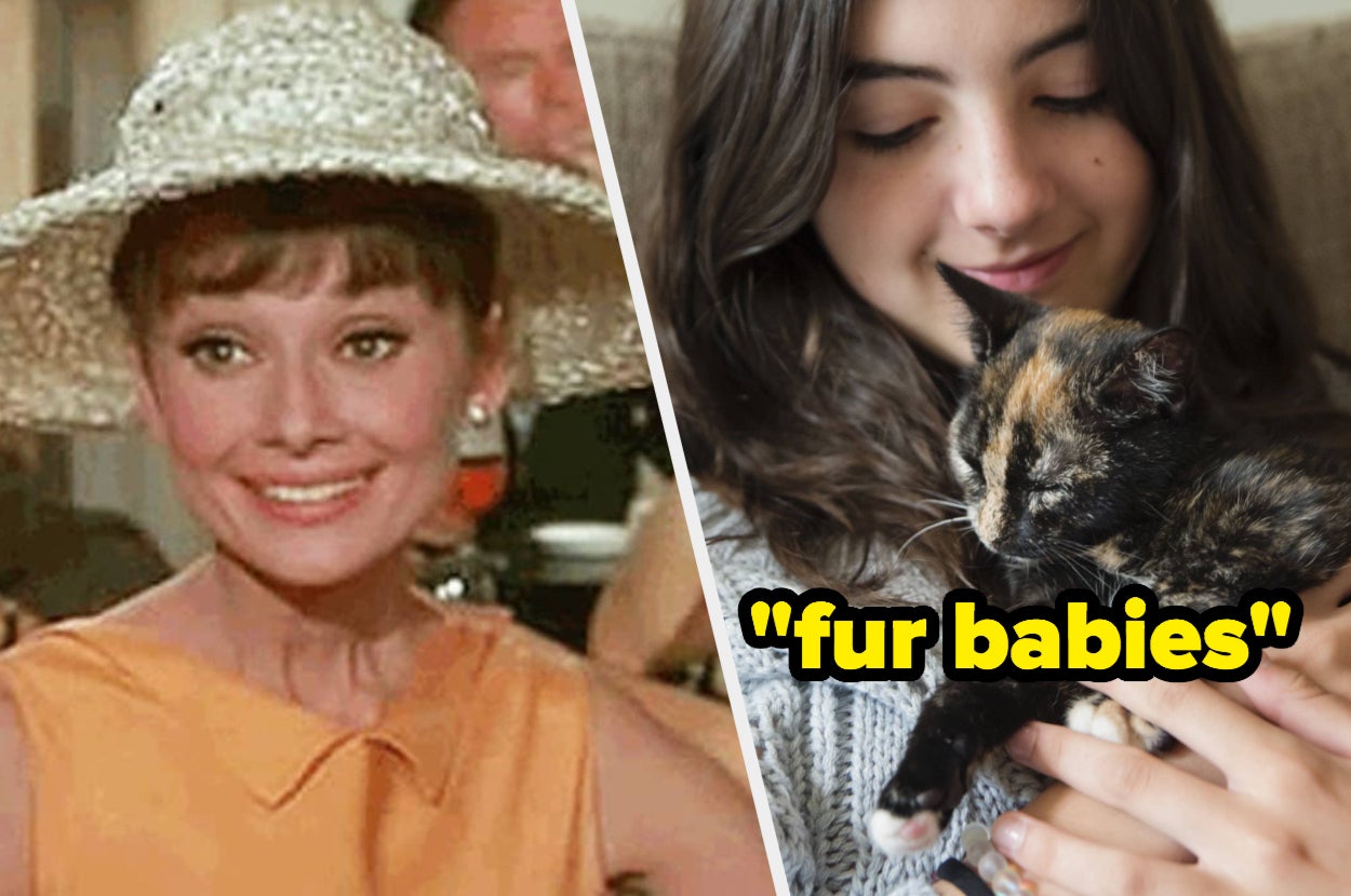 Audrey Hepburn grimacing and woman holding a cat 