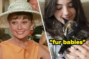 Audrey Hepburn grimacing and woman holding a cat